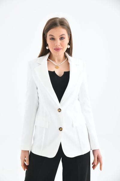 2 Düğmeli Biye Detay Kadın Ceket Beyaz