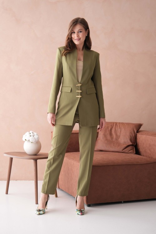 3 Düğmeli Hakim Yakalı Kadın Takım Elbise Haki