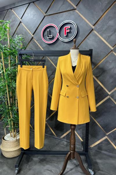 4 Düğmeli Şal Yaka Kadın Takım Elbise Hardal Sarısı