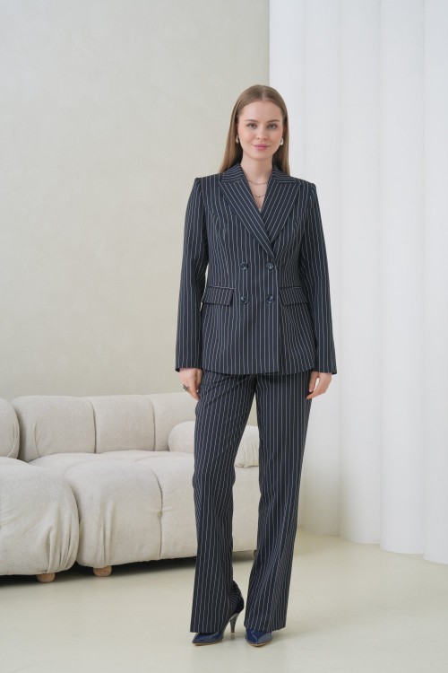 4 Düğmeli Çizgili Kumaş Kadın Takım Elbise Lacivert