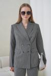 4 Düğmeli Çizgili Kumaş Kadın Takım Elbise Gri