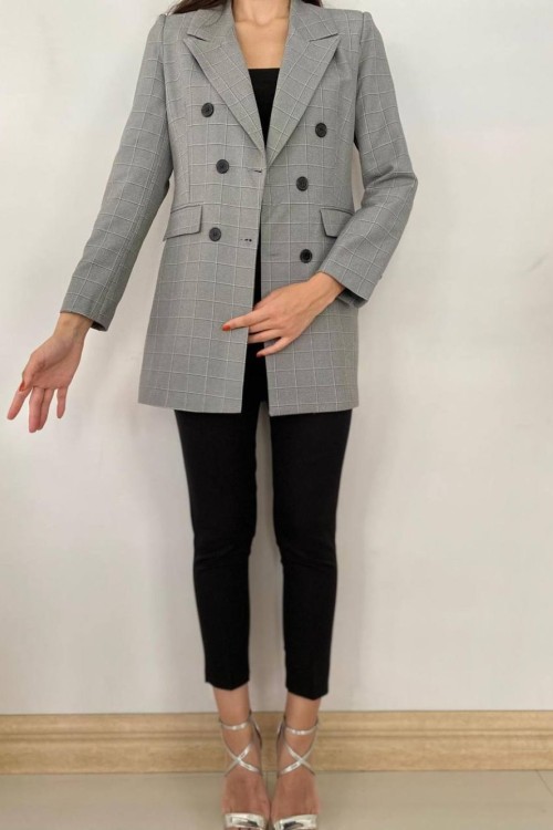 6 Düğmeli Ekose İkili Kadın Takım Siyah