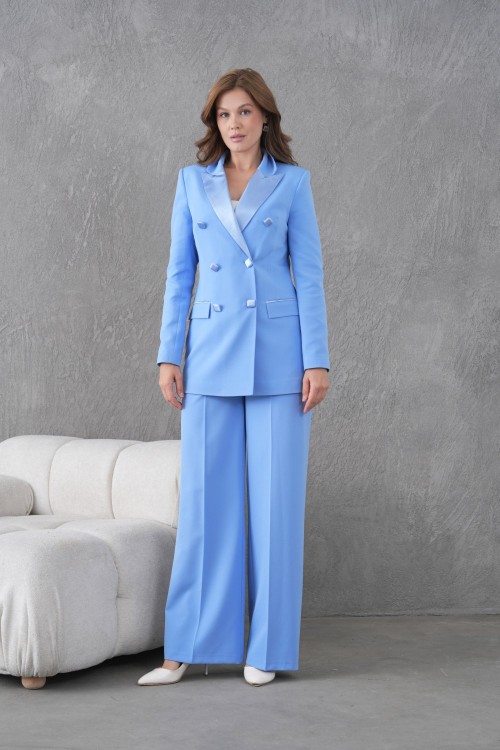 6 Düğmeli Kruvaze Ceketli Kadın Takım Bebe Mavisi