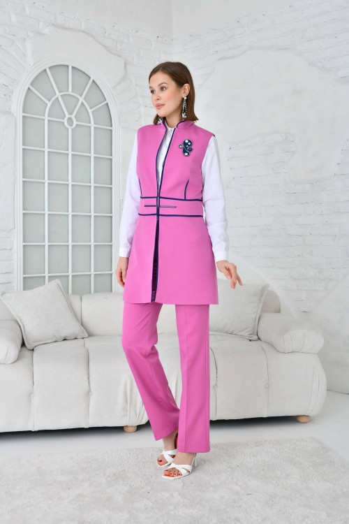 Biye Detay Yelekli Kadın Takım Elbise Fuşya