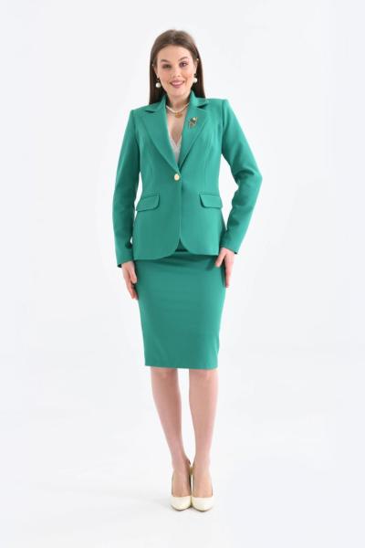 Broş Detay Etekli Kadın Takım Elbise Yeşil