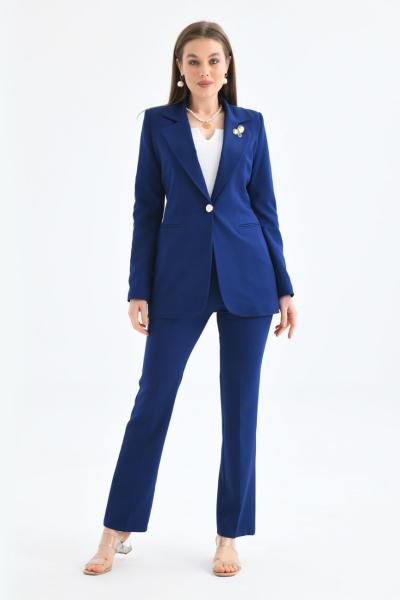 Broş Detay Gold Düğmeli Atlas Kadın Takım Elbise Lacivert