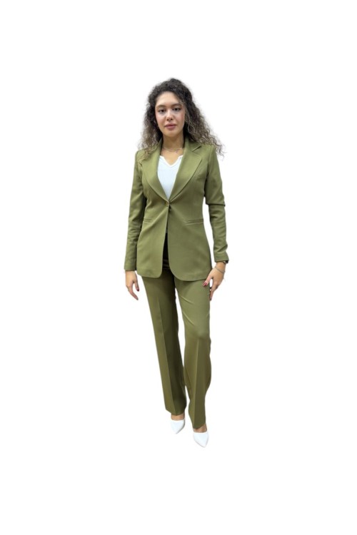 Broş Detay Gold Düğmeli Atlas Kadın Takım Elbise Haki