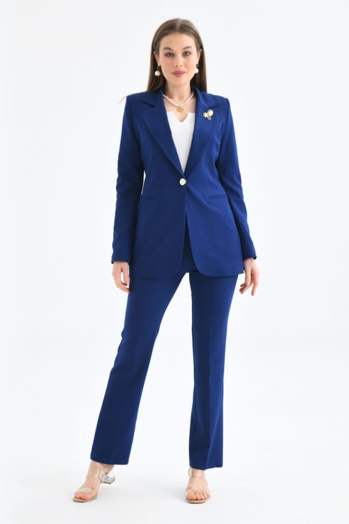 Broş Detay Gold Düğmeli Atlas Kadın Takım Elbise Lacivert