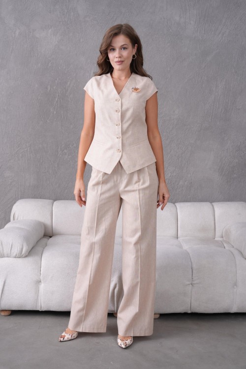 Broşlu Keten Yelekli Kadın Takım Elbise Bej