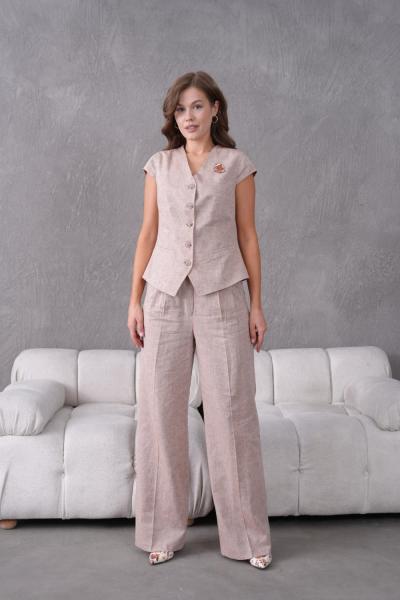 Broşlu Keten Yelekli Kadın Takım Elbise Somon