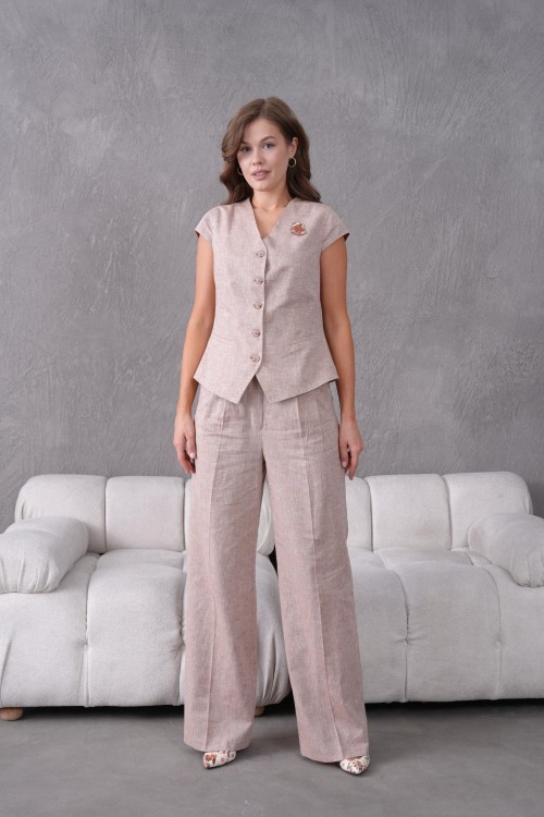 Broşlu Keten Yelekli Kadın Takım Elbise Somon