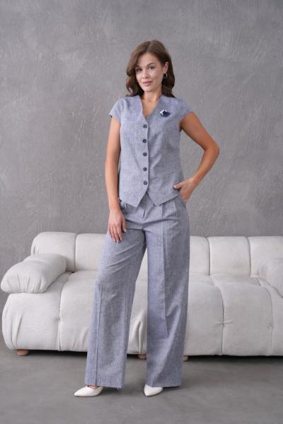 Broşlu Keten Yelekli Kadın Takım Elbise Lacivert