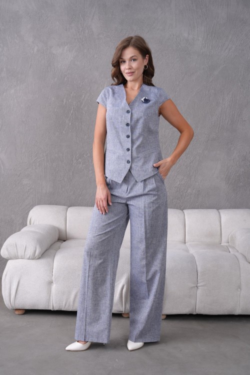 Broşlu Keten Yelekli Kadın Takım Elbise Lacivert