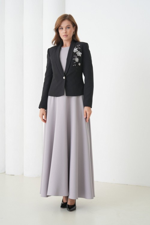 Çiçek Baskılı Kloş Elbiseli Kadın Takım Elbise Siyah-Gri