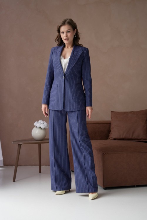 Çizgili Desenli Cepli Kadın Takım Elbise Lacivert