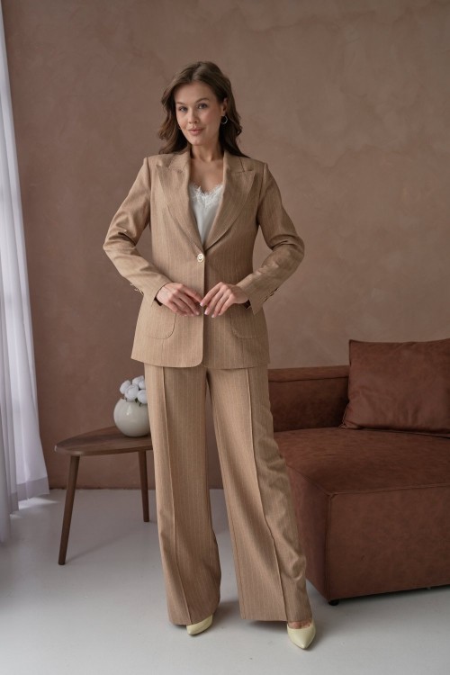 Çizgili Desenli Cepli Kadın Takım Elbise Taba