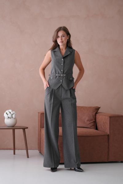 Çizgili Desen Yelekli Kadın Takım Gri