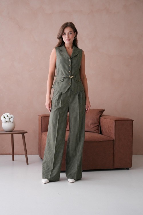 Çizgili Desen Yelekli Kadın Takım Haki