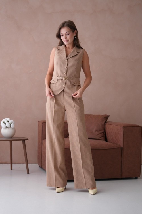 Çizgili Desen Yelekli Kadın Takım Taba