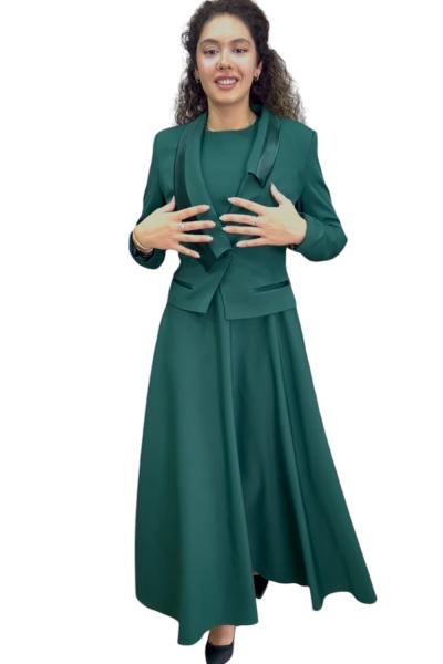 Crop Ceket Kloş Elbiseli Kadın Takım Elbise Yeşil