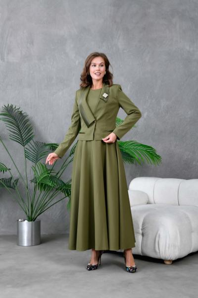 Crop Ceket Kloş Elbiseli Kadın Takım Elbise Yağ Yeşili