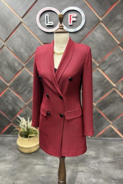 Deri Düğmeli Kadın Ceket Bordo