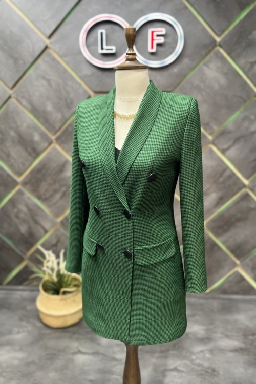 Deri Düğmeli Kadın Ceket Yeşil