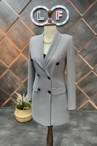 Deri Düğmeli Kadın Ceket Siyah-Beyaz