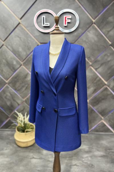 Deri Düğmeli Kadın Ceket Saks Mavisi