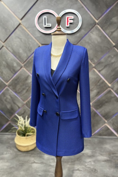 Deri Düğmeli Kadın Ceket Saks Mavisi