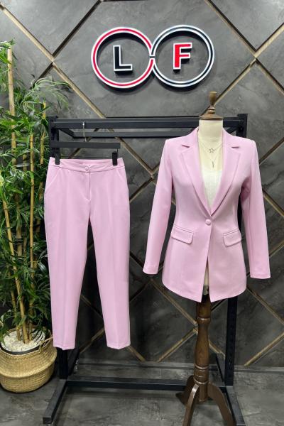 Düğmeli Atlas Kadın Takım Elbise Açık Pembe