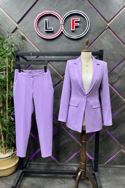 Düğmeli Atlas Kadın Takım Elbise Koyu Lila