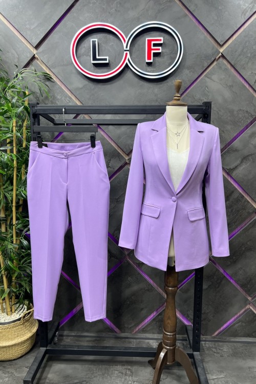 Düğmeli Atlas Kadın Takım Elbise Koyu Lila