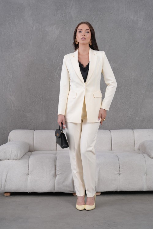 Düğmeli Atlas Kadın Takım Elbise Ekru