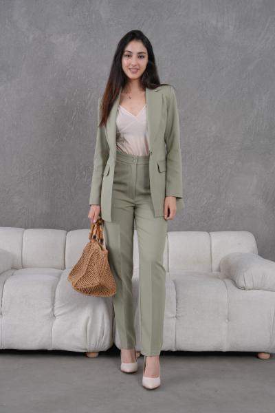 Düğmeli Atlas Kadın Takım Elbise Haki