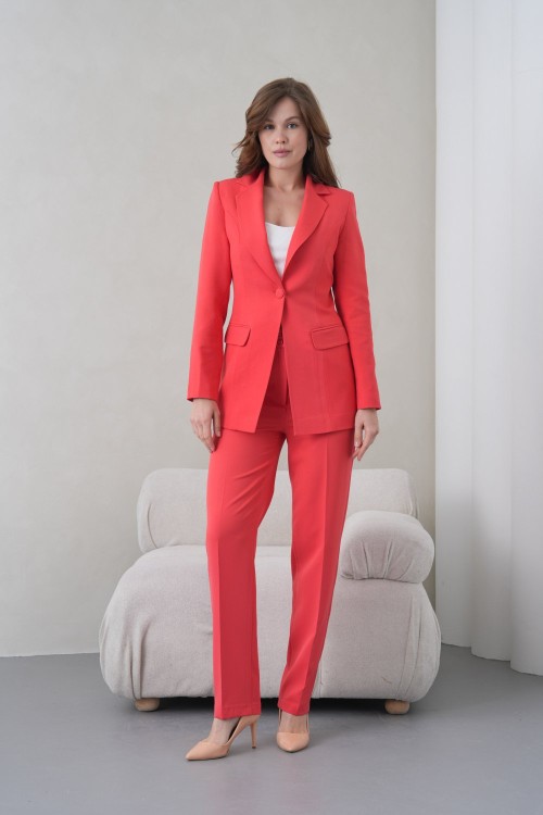 Düğmeli Atlas Kadın Takım Elbise Nar Çiçeği