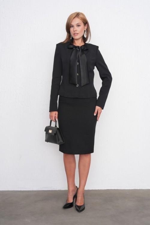 Fiyonklu Ceket Etekli Kadın Takım Elbise Siyah