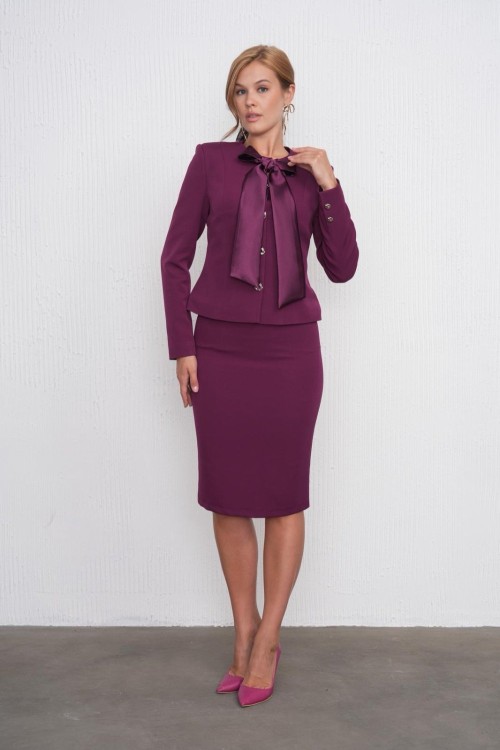 Fiyonklu Ceket Etekli Kadın Takım Elbise Mürdüm