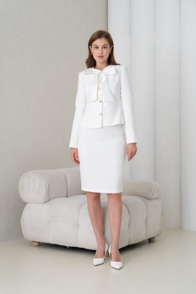 Fiyonklu Ceket Etekli Kadın Takım Elbise Beyaz