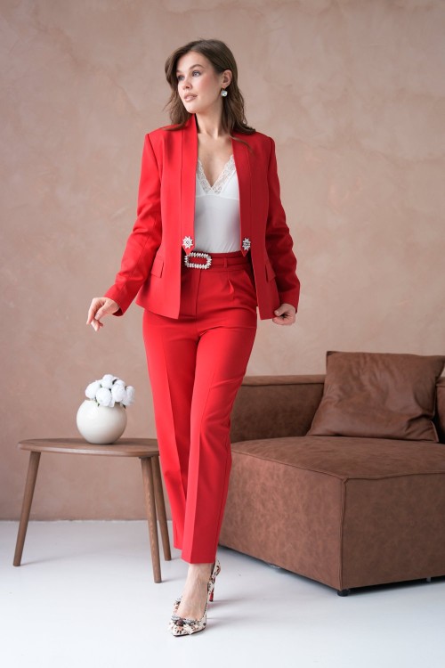 Hakim Yaka Toka Detaylı Kadın Takım Elbise Kırmızı