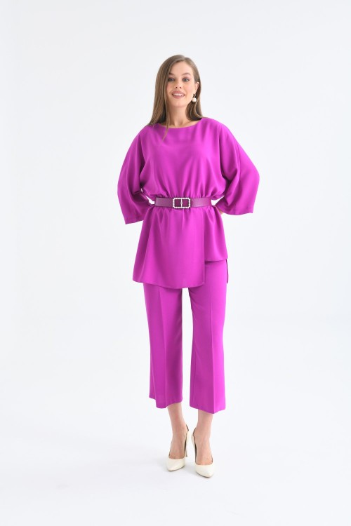 İnci Kemerli Tunik Kadın Takım Lila