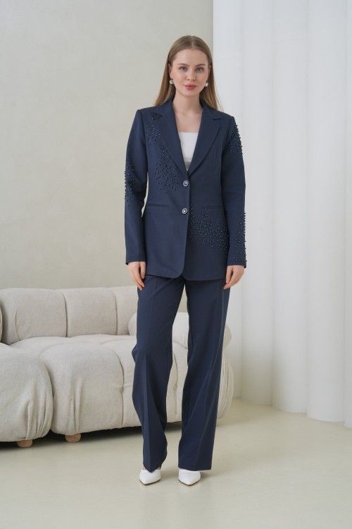 İncili Süslemeli Kadın Takım Elbise Koyu Lacivert