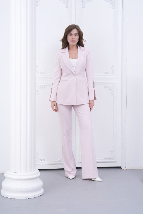 Kol Aksesuarlı İspanyol Paça Pantolonlu Kadın Takım Elbise Açık Pembe
