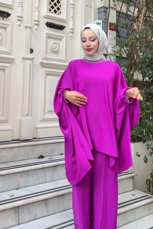 Kol Düğmeli Salaş Tunik Kadın Takım Fuşya