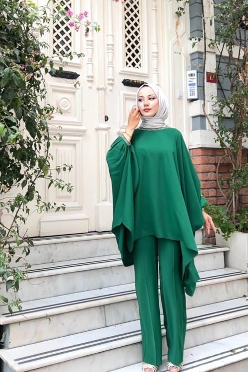 Kol Düğmeli Salaş Tunik Kadın Takım Yeşil