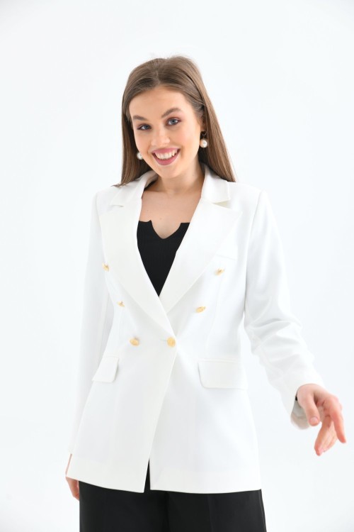 Kolu Düğmeli Blazer Kadın Ceket Beyaz