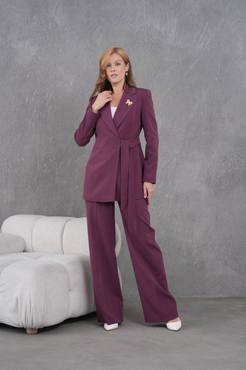 Kuşaklı Ceket Bol Paça Pantolonlu Kadın Takım Mürdüm