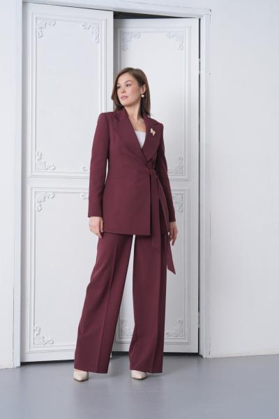 Kuşaklı Ceket Bol Paça Pantolonlu Kadın Takım Koyu Bordo