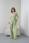 Kuşaklı Ceket Bol Paça Pantolonlu Kadın Takım Fıstık Yeşili