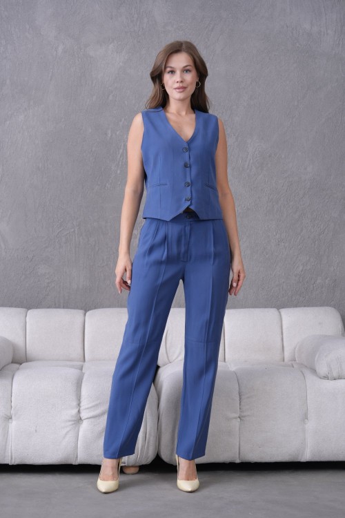 Modal Kumaş Yelekli Kadın Takım Elbise Saks Mavisi